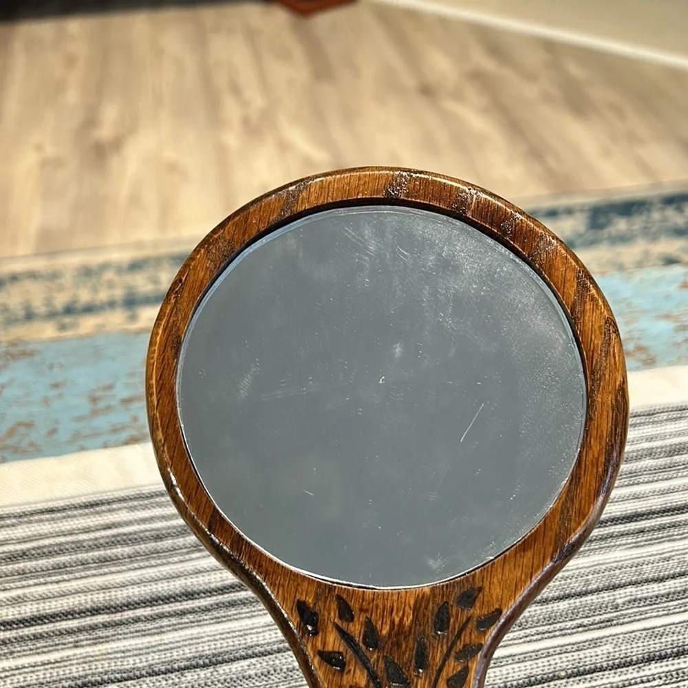 Vintage Wooden Hand Held Mirror with carved detail